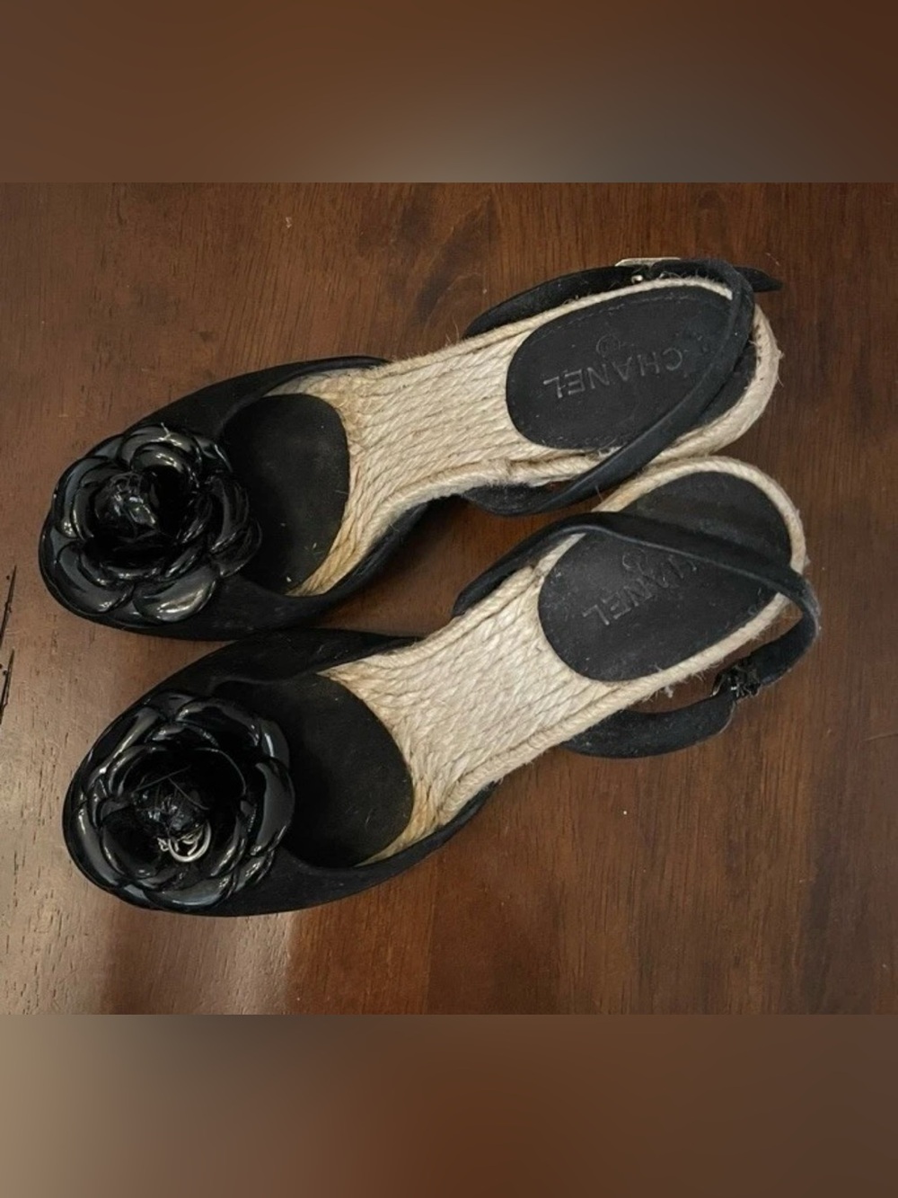 Authentic CHANEL Black Camellia Espadrille Slingback Sandals 37